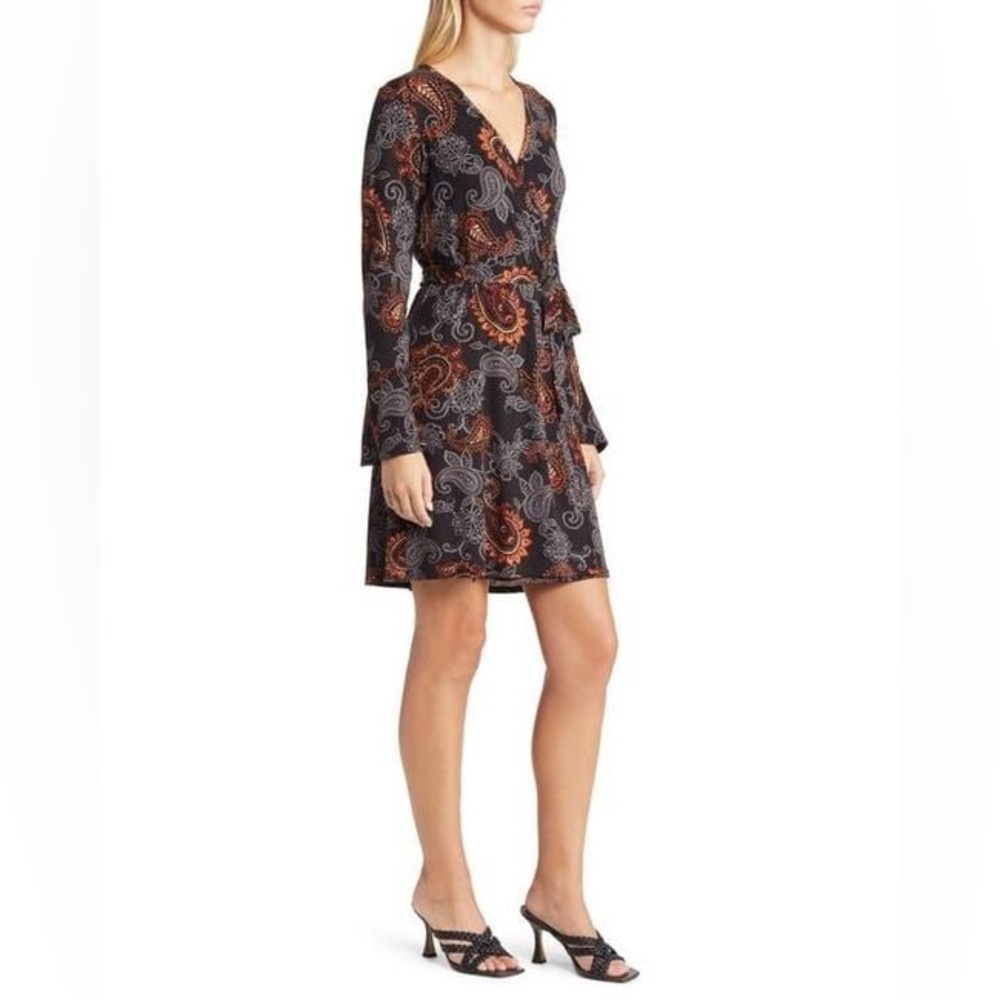 Loveappella Black Boho Paisley Long Sleeve Faux Wrap Dress Women’s Size Large - Picture 3 of 11
